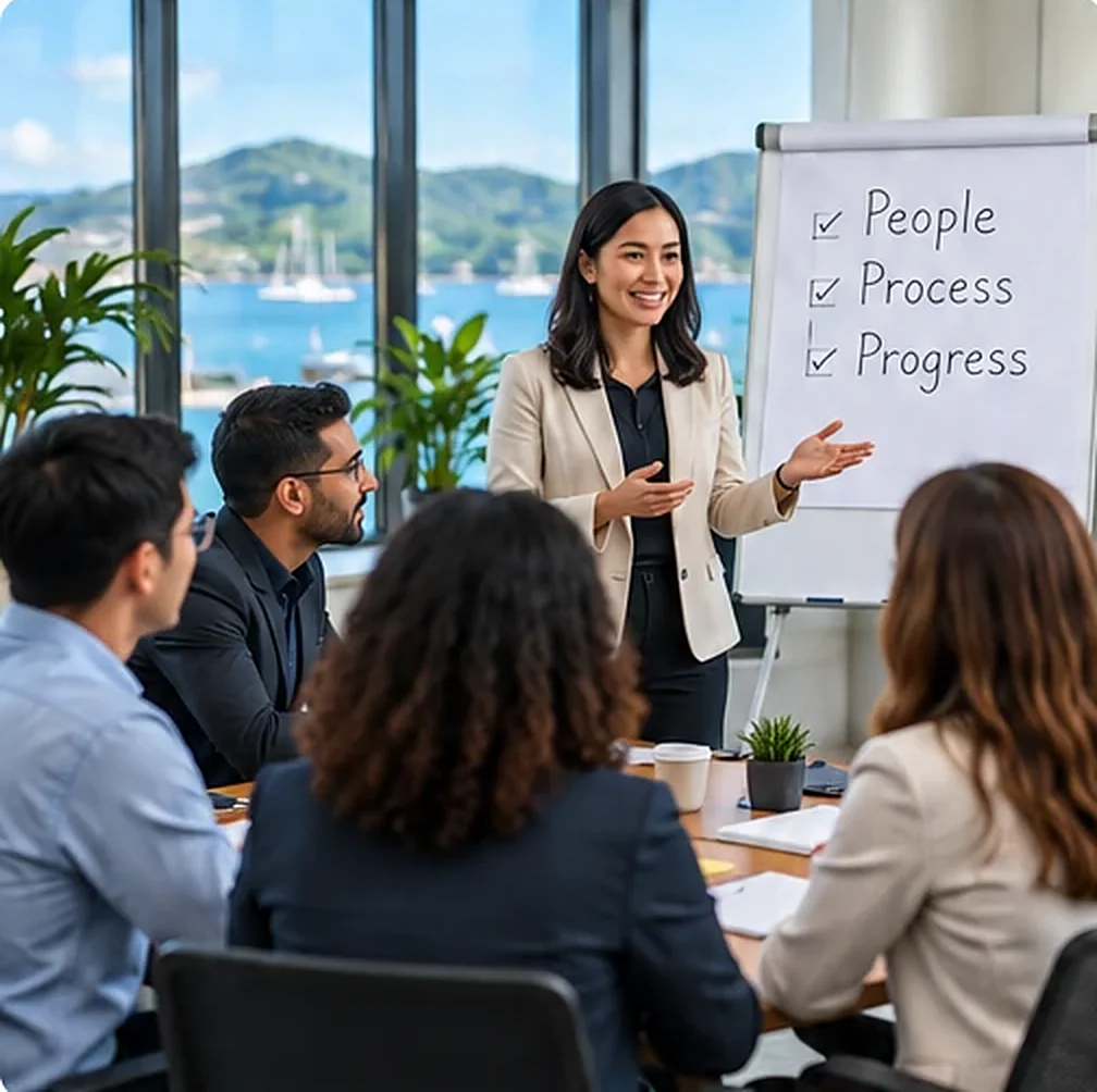 A smiling facilitator presenting at a flipchart to colleagues around a meeting table, with a harbour beyond the windows