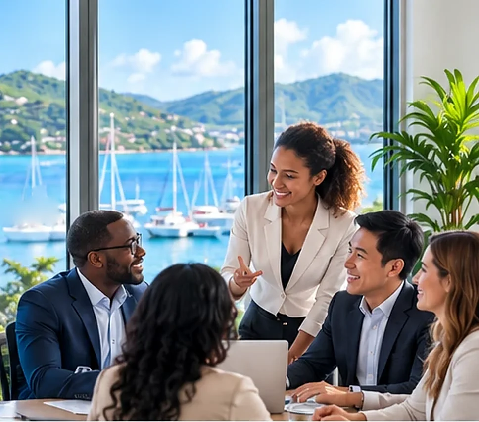 Colleagues smiling around a meeting table, with a harbour of sailing boats and green hills beyond the windows