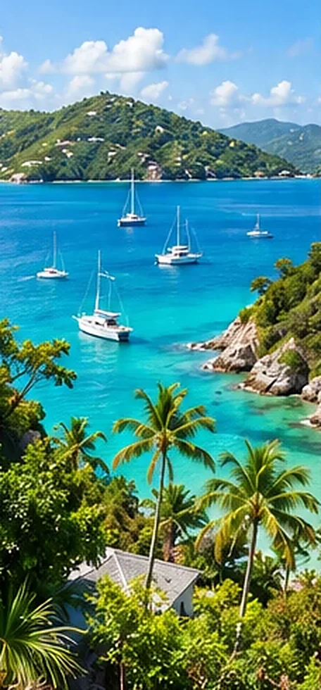A sheltered bay with sailing boats, turquoise water and palm-covered hills in the British Virgin Islands