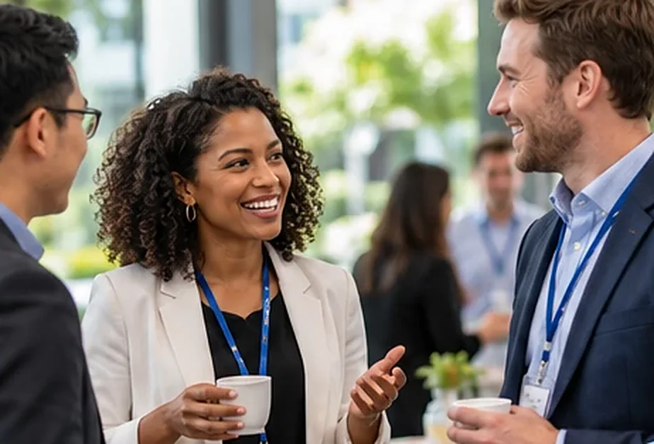 Three colleagues smiling and talking over coffee at a networking event