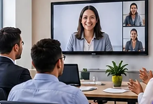 Colleagues in a meeting room joining remote participants on a large screen