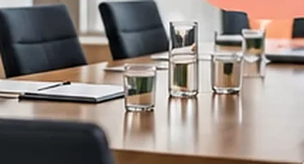 A meeting room set up with chairs, notepads and glasses of water