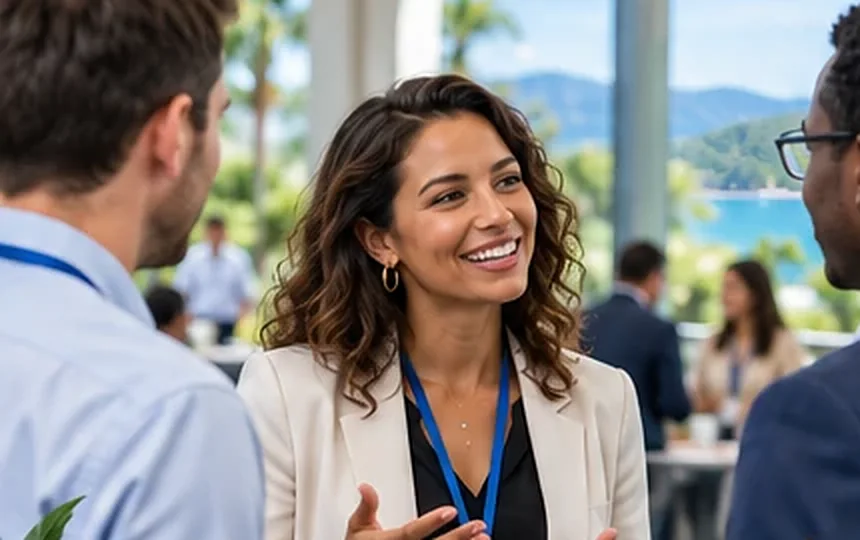 A smiling professional with a coffee cup talking with colleagues at a networking event